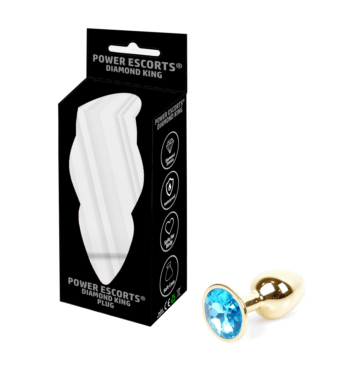 Power Escorts - BR211Slightblue - Diamond King Gold Plug Small - Diameter 2.7 cm - Length 7 cm - Anal Plug - Gold with LightBlue Stone