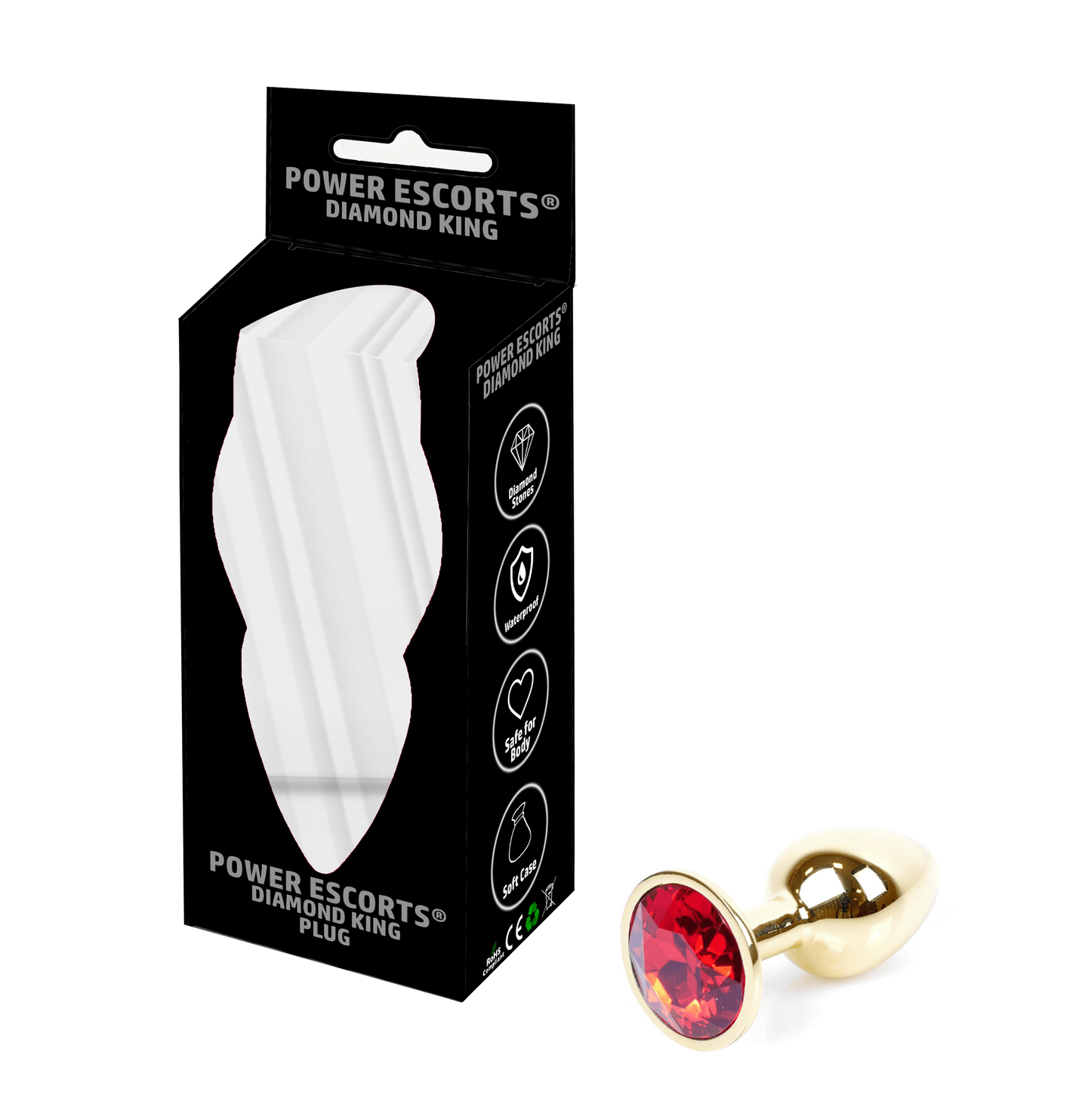 Power Escorts - BR211Sred - Diamond King Gold plug Small - Diameter 2.7 cm - Length 7 cm - Anal Plug - Gold with Red Stone